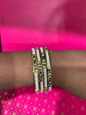 Gold-Tone White & Green Beaded Women's Bangle Set